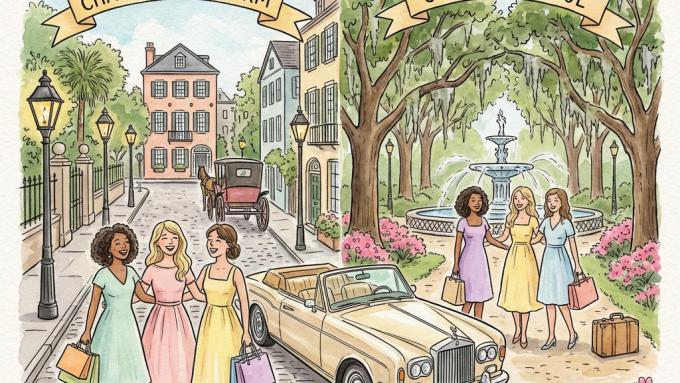 Illustration for GIRLS GETAWAY featuring CHARLESTON CHARM and SAVANNAH SOUL with women visiting historic sites.