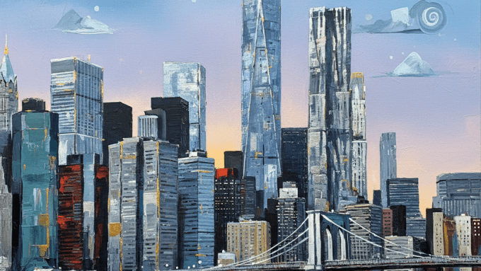 Stylized oil painting of the Lower Manhattan skyline and Brooklyn Bridge over a calm harbor.