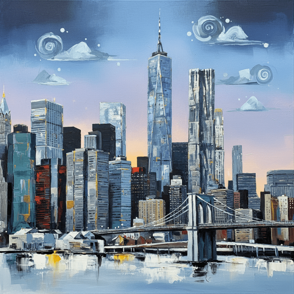 Stylized oil painting of the Lower Manhattan skyline and Brooklyn Bridge over a calm harbor.