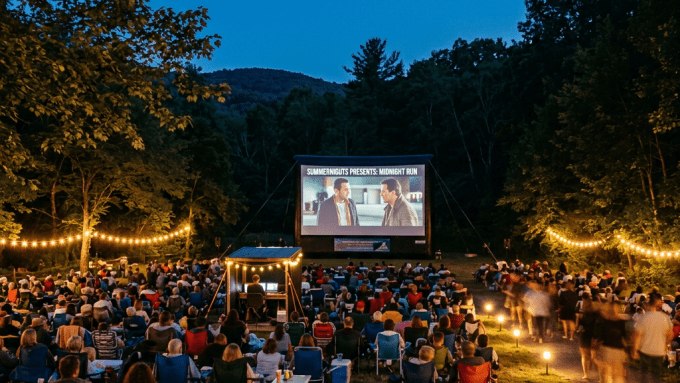 Crowd watching an outdoor movie screening titled 'SummerniGHTS Presents: Midnight Run' in a wooded area at dusk