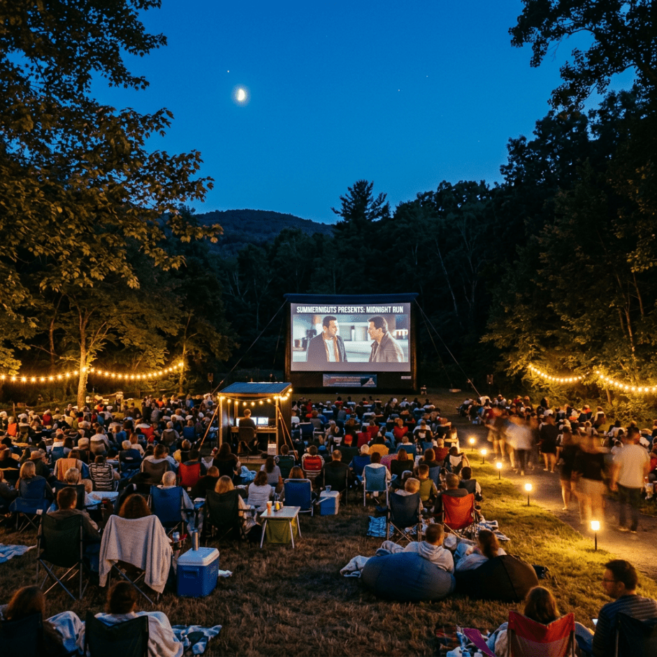 Crowd watching an outdoor movie screening titled 'SummerniGHTS Presents: Midnight Run' in a wooded area at dusk
