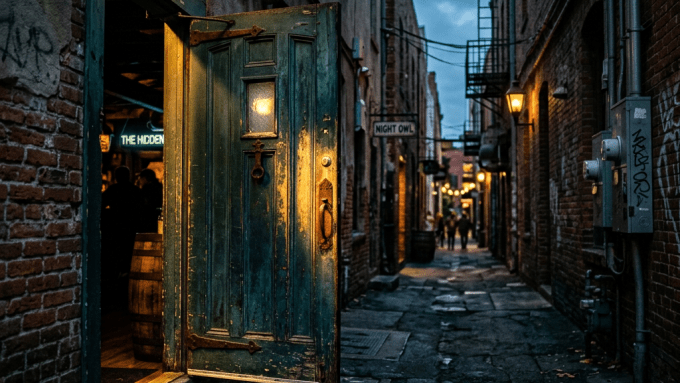 A partially open weathered wooden door illuminated by warm light in a narrow alley with brick walls
