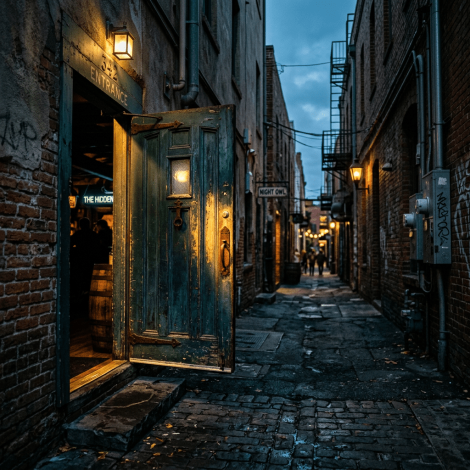 A partially open weathered wooden door illuminated by warm light in a narrow alley with brick walls
